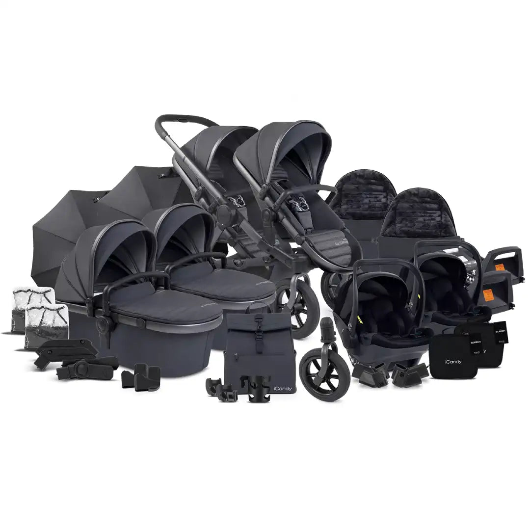 iCandy Peach 7 All Terrain Storm Twin Complete Car Seat Bundle Newbie and Me