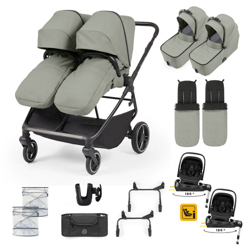 Ickle Bubba Altair Twin 17 Piece Travel System with i-Size Nimbus 180° Spin Car Seats & ISOFIX Bases - Laurel Green