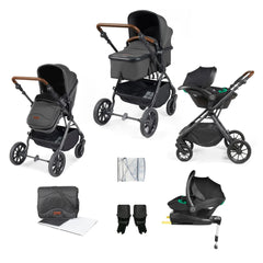 Ickle Bubba Cosmo 9 Piece Travel System with i-Size Stratus Car Seat & ISOFIX Base - Charcoal