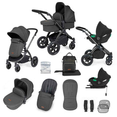 Ickle Bubba Stomp Luxe 12 Piece Travel System with i-Size Cirrus Car Seat & ISOFIX Base  - Charcoal Grey