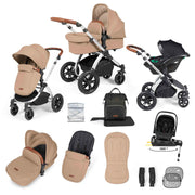 Ickle Bubba Stomp Luxe 12 Piece Travel System with i-Size Nimbus Car Seat & Spin ISOFIX Base - Desert