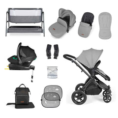 Ickle Bubba Stomp Luxe Travel System & Home 14 Piece Bundle Black Chassis - Pearl Grey