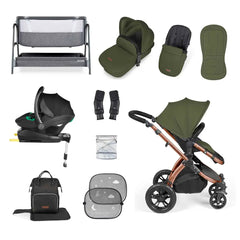 Ickle Bubba Stomp Luxe Travel System & Home 14 Piece Bundle Bronze Chassis - Woodland