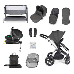 Ickle Bubba Stomp Luxe Travel System & Home 14 Piece Bundle Silver Chassis - Charcoal Grey